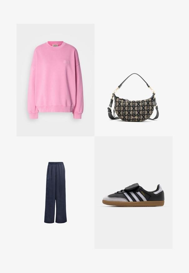 Różowy sweatshirt wykonany z bawełny, z okrągłym dekoltem, długimi rękawami, prążkowanymi mankietami i małym logo wyszytym na piersi.; Granatowe spodnie o szerokich nogawkach, wykonane z gładkiego materiału, z elastycznym paskiem w talii i bez widocznych elementów metalowych. Charakteryzują się luźnym krojem i pełnej długości.; Czarne skórzane i szare zamszowe sneakersy z białymi paskami, gumową podeszwą, sznurowanym przodem oraz rzepem. Charakteryzują się złotym logo "Samba".; Brązowa i czarna torba na ramię z płótna o kształcie półksiężyca, z powtarzającym się wzorem logo, złotymi akcesoriami i odczepianym paskiem.