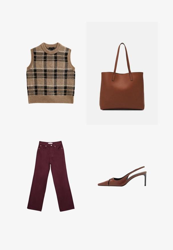 Tan knitted vest with a round neck, featuring a black and white check pattern, sleeveless design, and ribbed hem detail.; Burgundy high-waisted jeans with straight leg design, featuring front pockets, a button closure, and copper-tone hardware accents.; Brown leather slingback heel with a pointed toe, cutout detail at the vamp, and a sleek stiletto heel. Smooth texture.; Brown leather tote bag with a smooth texture, open top design, and two shoulder straps. Features minimal stitching and no visible hardware.