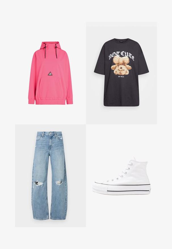 Roosa kapuutsiga sweatjakker, millel on ees tasku, elastsed mansetid ja regulatavad nöörid. Ees on kolmnurkne logo paigaldus.; Musthave musta t-särk, millel on karu graafika ja tekst "EI NII NÄDALA, KUID MÄRG" paksult valgete tähtedega. Puuvillane materjal.; Heledad hallideega sinised teksad, millel on kõrge talje. Teksade jalgadel on lai alus, kaks rebitud kohta põlvede ümber ning klassikaline viie tasku stiil.; Valge kõrgem kangast tenniseking, millel on must kummist tald, ees kummist varvasetugi ja kuus aukku paelte jaoks, pakkudes puhta ja minimalistliku disaini.