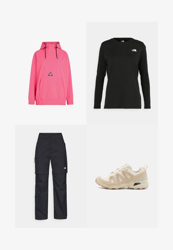 Rosa Pulloverjacke mit Kapuze, ausgestattet mit einer Fronttasche, elastischen Bündchen und Kordeln. Enthält einen dreieckigen Logo-Patch auf der Vorderseite.; Schwarzes Langarm-T-Shirt aus Baumwolle mit Rundhalsausschnitt. Verfügt über ein kleines weißes Logo auf der linken Brustseite. Einfaches Design und Passform.; Schwarze Nylon-Zip-Off-Cargohosen mit verstellbaren Bündchen, mehreren Taschen und einem Logo am rechten Bein. Glatte, leichte Textur.; Beige und cremefarbenen Sportschuh mit strukturiertem Mesh-Obermaterial, unterstützenden Überzügen und Gummisohle mit einem Profilmuster für Bodenhaftung.