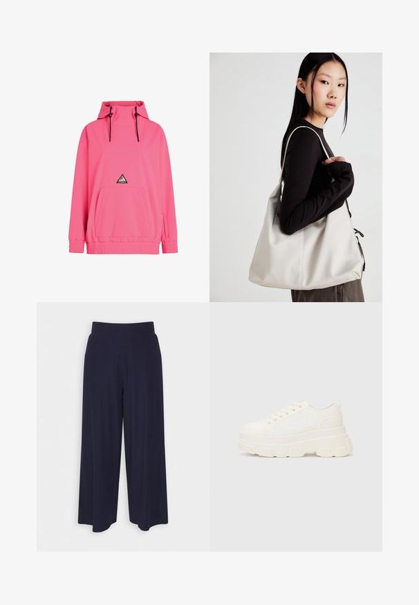 Rožinė pūkinė striukė su gobtuvu, turinti priekinę kišenę, elastines rankoves ir raiščius. Priekyje yra trikampis logotipas.; Plati kojinės tamsiai mėlynos spalvos audiniu su vagelėmis. Turi lygų juosmenį ir laisvą siluetą, kuris siekia iki pusės blauzdos.; Balti drobės sportbačiai su storu padu, apvalia nosimi ir penkiomis akytėmis raištams. Gale yra kilputė, kad būtų lengva užsidėti. Sklandus paviršius, minimalistinis dizainas.; Bežinė rankinė, pagaminta iš minkštos medžiagos, turinti laisvą dizainą, siuvinėtas detalės ir dvi petnešos. Tinkama kasdieniam naudojimui.