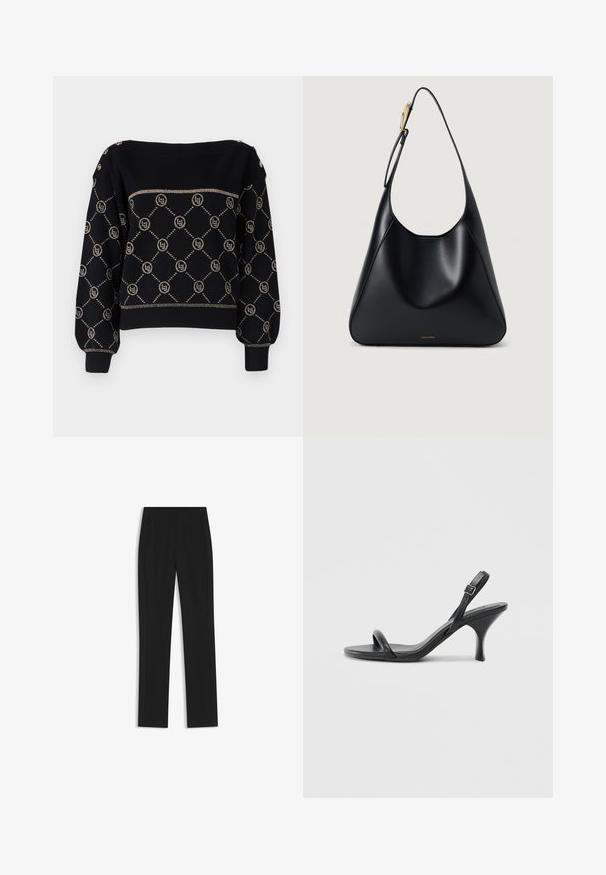 LIU JO Strickpullover - nero; Schwarze maßgeschneiderte Hose mit geradem Bein, ausgestattet mit Fronttaschen und einem glatten, strukturierten Stoff. Saubere, minimale Details.; Schwarze Leder-Sandalen mit hohen Absätzen, schlankem, gebogenem Absatz und gekreuztem Riemendesign. Verstellbarer Knöchelriemen. Glatte Textur.; Schwarze Leder-Schultertasche mit glatter Textur, geschwungener Silhouette und goldfarbenen Hardware-Akzenten. Mit geprägtem Markenlogo an der Basis.