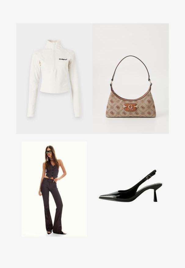 Krémová mikina na zip s dlouhým rukávem a vysokým límcem. Obsahuje černé logo na hrudi a má přiléhavý střih s hladkou texturou.; Hnědý pruhovaný zkrácený vest a rozšířené kalhoty, s knoflíky a texturovanou látkou. Černé otevřené boty na podpatku a oversized sluneční brýle.; Černé lakované kožené lodičky na podpatku s špičatou špičkou, výřezy na stranách, nastavitelným páskem kolem kotníku a tenkým, elegantním podpatkem.; Plátěná taška v béžové barvě s hnědými vzorovanými akcenty. Má zakřivený tvar, jeden popruh a na přední straně logovou destičku se stříbrným kováním.