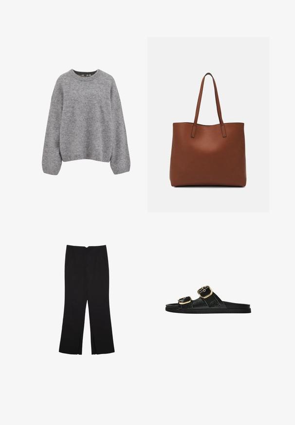 Mehka svetlo siva pletena jopica z dolgimi rokavi in ribastimi manšetami, robom in krojnim ovratnikom.; Črne hlače ravnega kroja z naglavnimi žepi in stranskimi razporki na robu. Narejene iz mehke, gladke tkanine. Primerne za različne priložnosti.; Črne drsne sandale z dvema zlatima zaponkama, gladkega materiala, ravnim podplatom in minimalističnim dizajnom.; Rjava usnjena torba z gladko teksturo, odprto zasnovo zgoraj in dvema naramnima trakovoma. Opremljena je z minimalnim šivanjem in brez vidnih kovinskih delov.