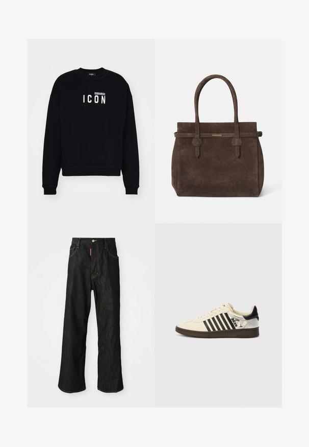 Black sweatshirt made of soft fabric. Features a crew neckline and long sleeves. Centered white logo text "DSQUARED2 ICON." Classic fit.; Black straight-leg jeans with yellow stitching, five-pocket design, button closure, and a small red tag on the front right pocket.; Cream leather sneaker with black stripes, brown sole, and metallic silver heel. Features a logo on the side and classic lace-up design.; Dark brown suede tote bag with dual handles and a horizontal strap featuring a small gold DSQUARED2 logo plaque.