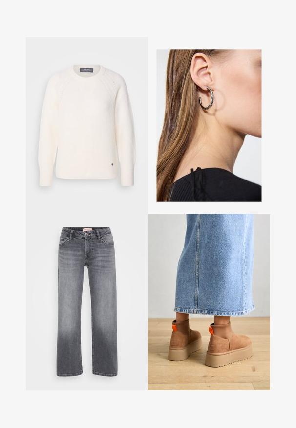 Mos Mosh TAMMY THORA - Trui - ecru; Grijze denim jeans met een recht gesneden ontwerp, vijf zakken stijl, subtiele vervaging en een knoopsluiting in de taille.; Bruine suède platformlaarzen met elastische zijkanten en oranje trekbandjes, gecombineerd met een lichtdenim rok tot de knie op een houten vloer.; Zilveren oorbel met een gepolijste afwerking, met kleine gouden accentdetails en een ronde vorm, gedragen op de oorlel.