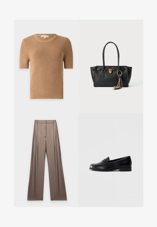 Korte mouwen, ronde hals trui van lichtbruine ribgebreide stof. Heeft een aansluitende vorm en een zachte textuur met lichte elasticiteit aan de onderrand en mouwen.; Witte cropped T-shirt van katoen, met korte mouwen en het "MICHAEL KORS" logo in bijpassende geborduurde tekst over de voorkant.; Wijduitlopende broeken in een gedempt taupe kleur, gemaakt van een gladde stof met een satijnen afwerking. Heeft een op maat gemaakte tailleband en subtiele plooien.; Zwarte leren instapper met lage hak en gouden decoratief embleem op de band, gepresenteerd tegen een effen lichtgrijze achtergrond.; Zwarte leren handtas met dubbele handgrepen, gouden slot en kettingdetail, en zwart-witte franjer accent tegen een witte achtergrond.
