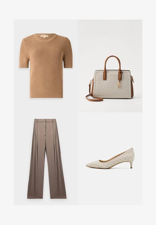 Korte mouwen, ronde hals trui van lichtbruine ribgebreide stof. Heeft een aansluitende vorm en een zachte textuur met lichte elasticiteit aan de onderrand en mouwen.; Witte cropped T-shirt van katoen, met korte mouwen en het "MICHAEL KORS" logo in bijpassende geborduurde tekst over de voorkant.; Wijduitlopende broeken in een gedempt taupe kleur, gemaakt van een gladde stof met een satijnen afwerking. Heeft een op maat gemaakte tailleband en subtiele plooien.; Hakken met spitse neus in beige stof met een geometrisch patroon, met een lage hak en een slank silhouet. Gladde textuur en minimale accenten.; Beige handtas met bruine leren accenten, voorzien van een logo-patroon, bovenhandvatten, een afneembare schouderband en gouden hardware.; Gouden hoepel oorbellen met een gepolijste afwerking, met een dik, rond ontwerp en een veilig sluitmechanisme. Gladde textuur en glanzende uitstraling.