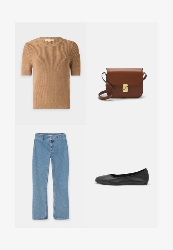 Svetr s krátkým rukávem a kulatým výstřihem ve světlé barvě z žebrované pleteniny. Má přiléhavý tvar a měkkou texturu s lehkým elastickým lemem na spodním okraji a manžetách.; Bílá tričko s krátkým rukávem vyrobené z žebrované tkaniny. Kulatý výstřih, normální střih a jemné detaily šití. Bez vzorů nebo grafik.; Světlé modré džíny rovného střihu s knoflíkovým a zipovým zapínáním, poutky na opasek a standardním švem na bílém pozadí.; Černé kožené baletní byty s kulatou špičkou, hladkou texturou, minimálními švy a flexibilním designem podrážky.; Hnědá kožená kabelka s klopou, zlatými kovovými detaily, ramenním popruhem a hladkým povrchem. Kompaktní obdélníkový tvar.