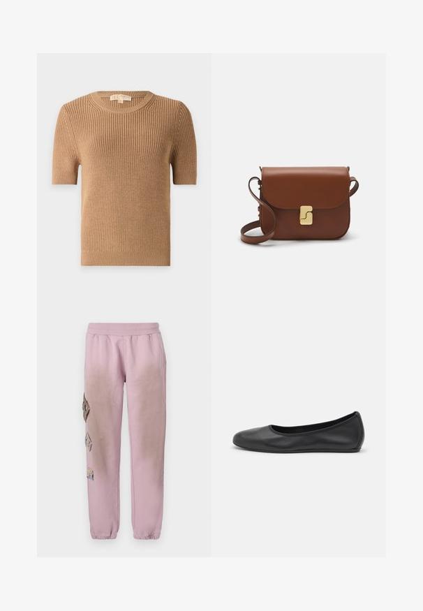 Rövid ujjú, kerek nyakú pulóver bézs bordás kötésű anyagból. Fitted fazon és puha textúra jellemzi, könnyű elasztikus anyaggal az alján és a mandzsettákon.; Rózsaszín melegítőnadrág elasztikus derékkal, bal oldalon gyémánt alakú dekoratív foltokkal és elasztikus szárakkal az bokákon.; Fekete bőr balettcipő lekerekített orral, sima tekstúrával, minimális varrással és rugalmas talp kialakítással.; Barna bőr kézitáska, hajtókás zárással, arany színű fém kiegészítőkkel, vállpánttal és sima felülettel. Kompakt téglalap alakú.