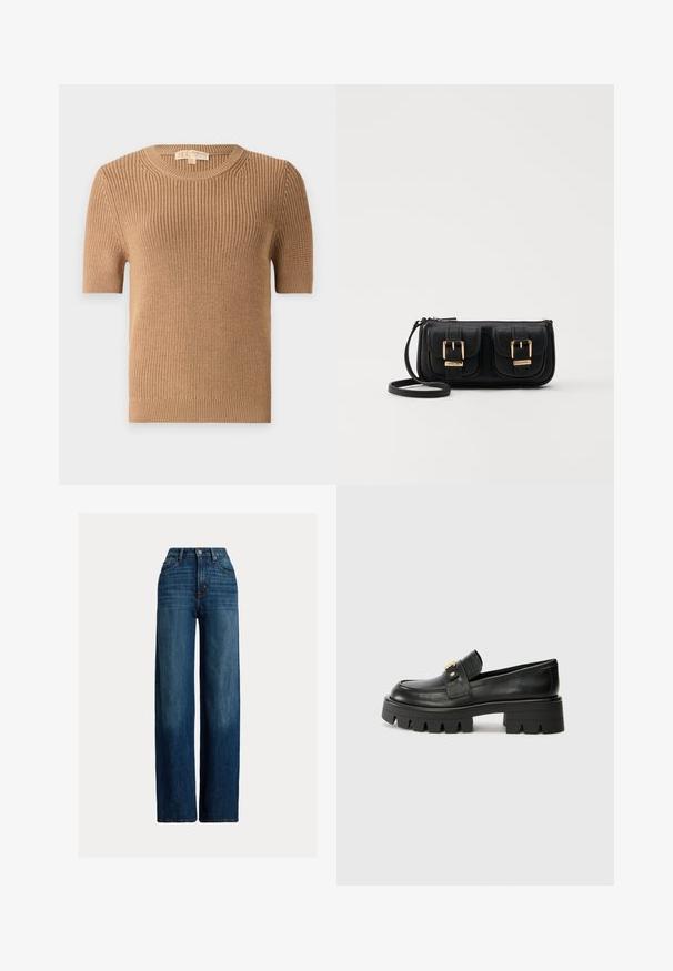 Pull à manches courtes, col rond, en tissu tricoté côtelé beige. Présente une coupe ajustée et une texture douce avec un léger élastique à l'ourlet et aux poignets.; Jean en denim à jambes larges de couleur bleu foncé. Doté d'une taille haute, d'une fermeture à bouton et d'un design classique à cinq poches. Texture lisse avec un léger dégradé.; Mocassins en cuir noir avec une semelle épaisse, présentant un accent doré à l'avant et une finition lisse. Design à crampons épais sur la semelle.; Sac en cuir noir porté en travers avec deux poches avant, boucles dorées, fermeture zippée et une sangle fine. Surface texturée et forme rectangulaire compacte.
