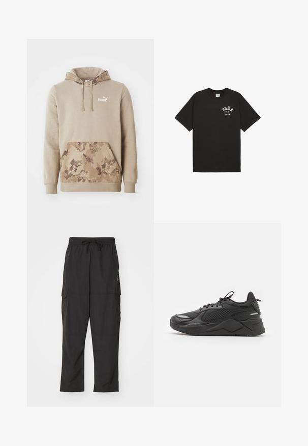 Sweatshirt beige avec capuche et poche kangourou à l'avant. La poche présente un motif camouflage marron. Logo blanc sur la poitrine. Tissu doux.; T-shirt en coton noir avec des manches raglan courtes. L'avant présente le logo "PUMA" en blanc et le texte "est. 48". Coupe classique et décontractée.; Pantalons cargo noirs avec une taille élastique et un cordon de serrage. Comprend deux poches latérales et un tissu lisse et léger.; Baskets noires avec une tige texturée, comprenant des matériaux en maille et synthétiques, une semelle épaisse et des accents réfléchissants pour la visibilité.