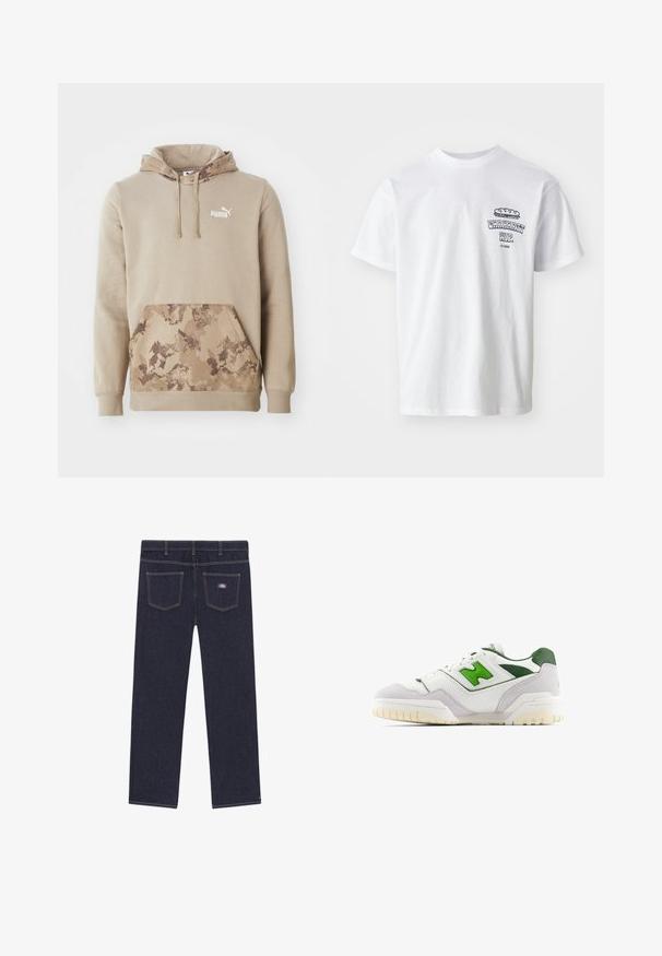 Beige sweatshirt med huva och framficka i kängurustil. Fickan har ett brunt camouflagemönster. Vit logotyp på bröstet. Mjuk tyg.; Vit t-shirt i bomull med korta ärmar, rund hals och en grafisk tryck som visar texten "Carhartt WIP" och en illustration av mat på bröstet.; Mörkblå jeans med rak skärning, med två bakfickor och kontrasterande gul sömnad. Märkesetikett på höger ficka.; Vita sneakers med gröna accenter, tillverkade av läder och mocka. Har en strukturerad ovandel, stoppad krage och en gummisula med synlig mönstring.