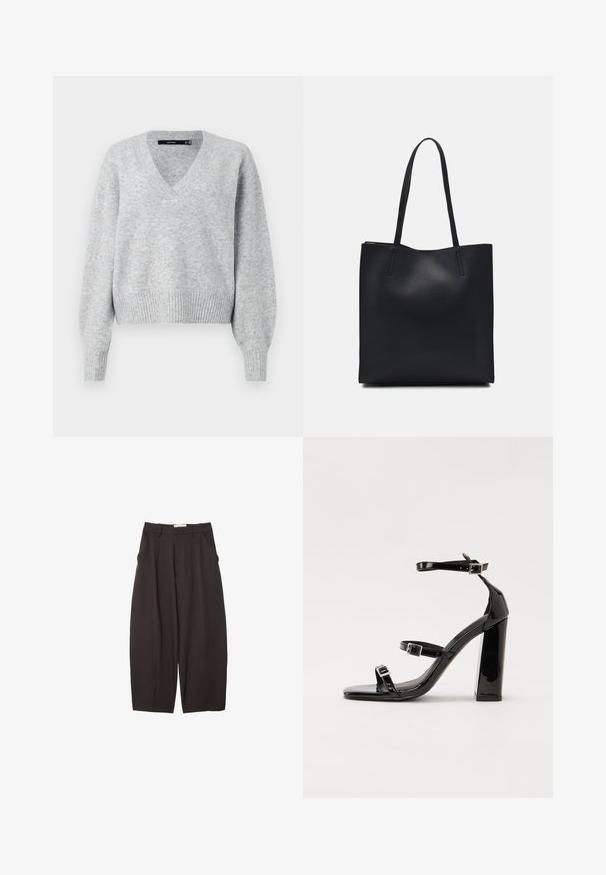 Siv krožni pulover z V-izrezom, dolgimi nabranimi rokavi in ribanim robom. Mehka tekstura z rahlo ohlapnim fitom, idealen za plastenje.; Črne široke hlače iz gladkega materiala, z visokim pasom, zgornjimi pregibi in stranskimi žepi. Preprost dizajn brez okrasnih elementov.; Črne lakirane sandale s peto, kvadratnim prstom, trakovi okrog gležnja in srebrnimi zaponkami. Opremljene so s stabilno Debelo peto.; Črna usnjena torba s svilnato teksturo, pravokotne oblike in dvema dolgima ročajema. Brez vidnih metalnih delov ali okrasnih elementov.