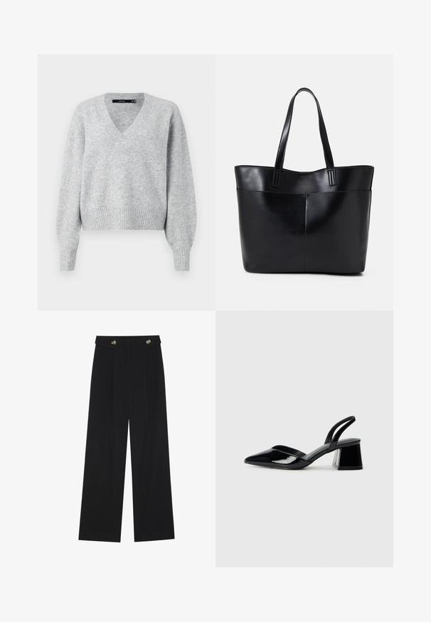 Suéter cinza de malha com decote em V, mangas bufantes longas e bainha canelada. Textura suave com um ajuste ligeiramente solto, ideal para sobreposição.; Calças largas pretas com cintura alta, detalhes em botão na cintura e pregas frontais.; Sandy em verniz preto com salto slingback, ponta afilada e salto geométrico. Apresenta um design elegante e minimalista com textura suave.; Bolsa tote preta em couro com duas alças longas, textura suave e forma estruturada. Apresenta um bolso frontal para armazenamento adicional.