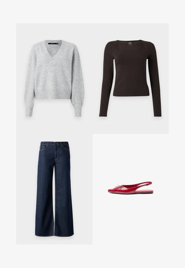 Pilkas megztas svarkas su V formos iškirpte, ilgais pūkuotais rankovėmis ir banguota apatine dalimi. Malonus liesti, šiek tiek laisvas, idealiai tinka sluoksniavimui.; Juoda ilgomis rankovėmis, prigludusi bluzonėlė su kvadratine iškirpte, žymėta GAP, rodoma baltame fone.; Plati kojinės džinsai tamsiai mėlynos džinsinės medžiagos. Yra kontrastingas siuvimo ornamentas, penkios kišenės ir užsegimas mygtuku juosmenyje. Lygus paviršius.; Raudoni odiniai slingback baja su smailiu pirštu ir dekoratyviu raišteliu priekyje, turintis ploną kulkšnies dirželį ir plokščią padą.