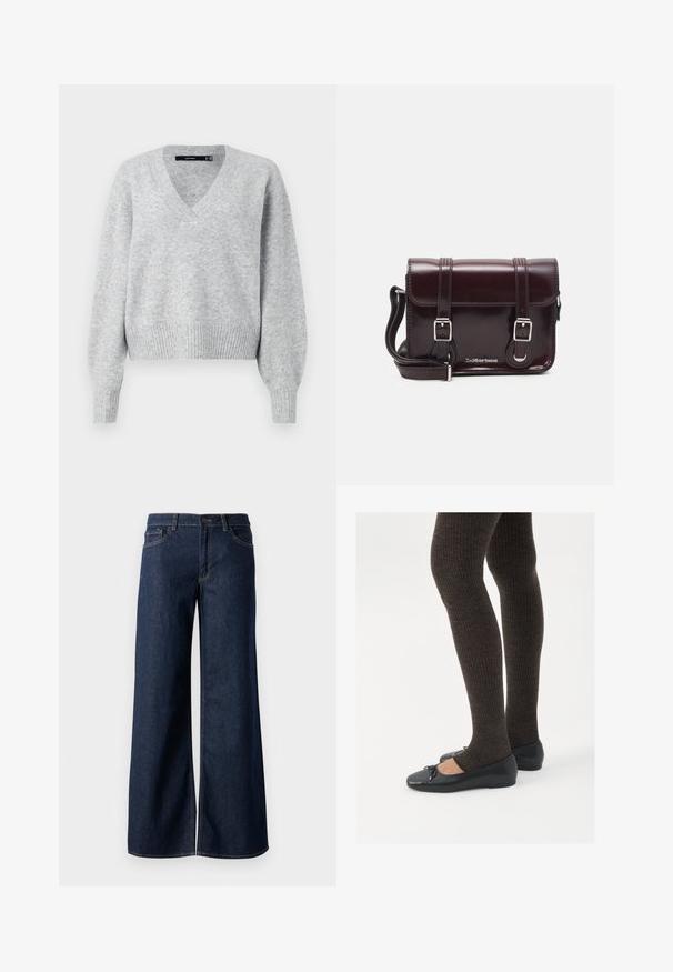 Harmaa neulepaita, jossa on V-pääntie, pitkät puff-hihat ja ribbireuna. Pehmeä rakenne, jossa on hieman löysä istuvuus, täydellinen kerrospukeutumiseen.; Suorat lahkeet farkut tummansinisestä denimmistä. Ominaisuuksiin kuuluvat kontrastiväriset ompeleet, viisi taskua ja nappisuljenta vyötäröllä. Sileä pinta.; Mustat matalat kengät, joissa on pieni nauha varpaissa, yhdistettynä tummanruskeisiin ribattuisiin sukkahousuihin. Kengissä on sileä pinta ja matala profiili.; Burgundin värinen lakattu nahkainen olkapussukka, jossa on suorakulmainen muoto, kaksi hihnaa, hopeiset yksityiskohdat ja läppäkiinnitys.