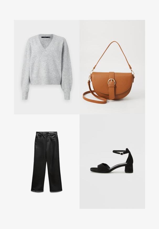 Grauer gestrickter Pullover mit V-Ausschnitt, langen Puffärmeln und ribbedem Saum. Weiche Textur mit leicht lockerer Passform, ideal für das Schichten.; Schwarze weite Hose aus Kunstleder mit Fronttaschen, Gürtelschlaufen und dezentem Glanz. Glatte Textur und maßgeschneiderte Passform.; Schwarze Wildleder-Espadrilles mit einem dünnen Knöchelriemen, offener Zehenpartie und moderatem Blockabsatz. Glatte Textur und minimale Akzente.; Braune Leder-Crossbody-Tasche mit geschwungener Form, goldfarbenen Beschlägen und einer Schnallenakzentuierung. Verfügt über einen abnehmbaren Schultergurt.
