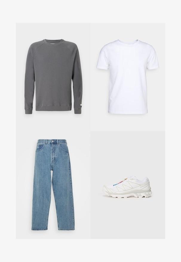 Szürke, textúrált, hosszú ujjú pulóver bordázott kialakítással, kerek nyakkivágással és finom logóval a hónalj területén.; Fehér, rövid ujjú felső pamut anyagból, kerek nyakkivágással. Egyszerű dizájn, minta vagy díszítés nélkül. Sima textúra.; Világoskék farmernadrág, magas derekú, laza szabású, két elülső zsebbel, egy hátsó folttal, és gombos záródással.; Fehér sportcipő texturált hálós felsőrésszel, fényvisszaverő részletekkel és párnázott talppal. Figyelemre méltó márkalogó az oldalon.