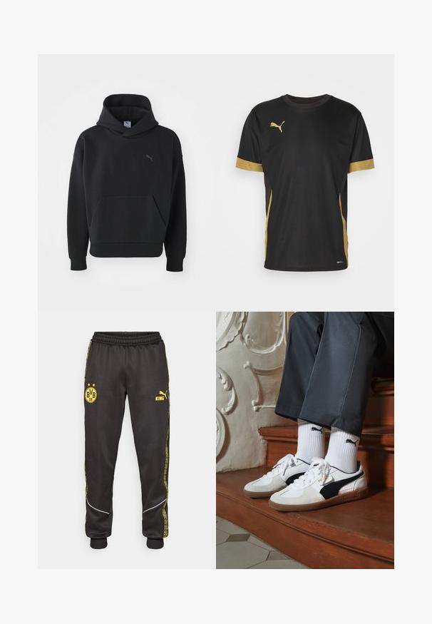 Schwarzer Kapuzenpullover aus weichem Material, mit einer Fronttasche und einem dezenten Puma-Logo in Grau auf der Brust. Lässiges Design mit gerippten Bündchen.; Schwarzes Sport-T-Shirt mit goldenen Akzenten an denÄrmeln und an der Seite. Verfügt über einen Rundhalsausschnitt, kurze Ärmel und feuchtigkeitsableitendes DRYCELL-Gewebe.; Schwarze Sporthose mit gelben Borussia Dortmund BVB 09- und Puma King-Logos, elastischem Bund und gemusterten gelben Seiteneinsätzen.; Puma-Sneaker aus weißem und schwarzem Wildleder mit einer braunen Gummisohle. Kombiniert mit weißen Socken, die ein schwarzes Logo zeigen, getragen zu dunklen Hosen.