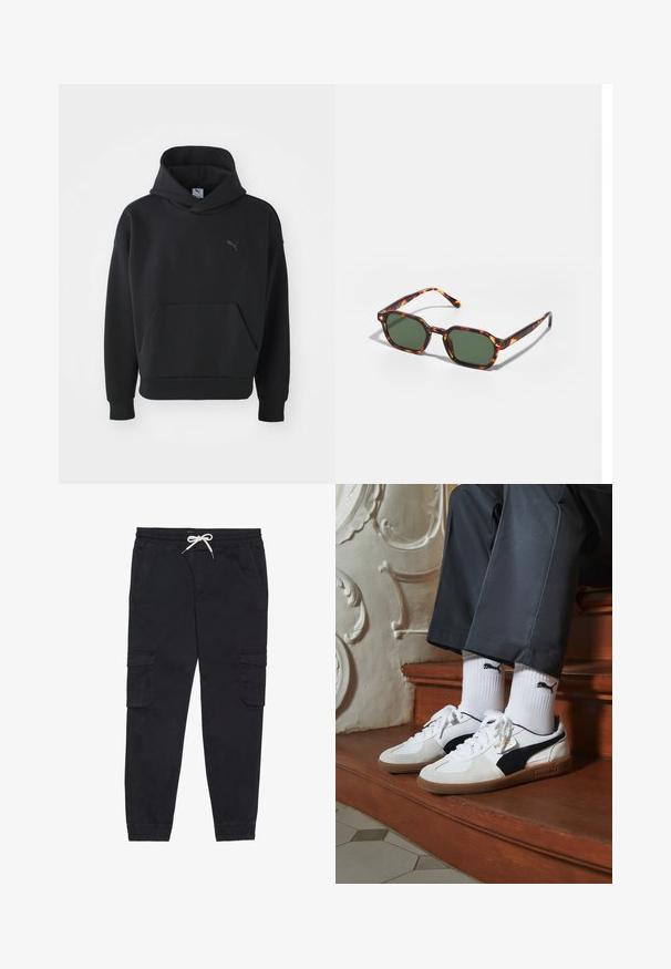 Felpa nera con cappuccio realizzata in tessuto morbido, caratterizzata da una tasca frontale e un discreto logo Puma grigio sul petto. Design casual con polsini a coste.; Pantaloni cargo neri in cotone, dotati di una vita elastica con coulisse, tasche laterali e polsini a sigaretta.; Sneakers Puma in suede bianco e nero, con suola in gomma marrone. Abbinati a calzini bianchi con logo nero, indossati con pantaloni scuri.; Occhiali da sole tartarugati con lenti verdi, dotati di una forma ottagonale e bracci sottili e curvi. Il materiale ha una finitura lucida.