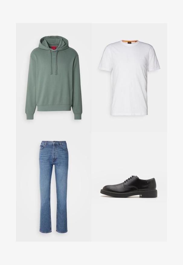 Žalias džemperis, pagamintas iš švelnios medvilnės mišinio, su reguliuojamu gaubtu, priekyje esantį logotipą ir raukšlėtą rankogalių bei apačios detalę. Paprastas, laisvas kirpimas.; Balta medvilnė marškinėliai su apvalia iškirpte, trumpomis rankovėmis ir subtiliu iškilniu logotipu ant krūtinės. Viduje esantis etiketas turi oranžinį akcentą.; Mėlyni džinsai su aukštu liemeniu, tiesaus kirpimo dizainu ir subtiliu išblukimu. Turi klasikinį penkių kišenių stilių ir užtrauktuko uždarymą.; Juodas odinis batų modelis su raišteliais, apvaliu nosiu, lygiu paviršiumi, minimaliai siuvinėjimu ir žemu guminėmis pakulne. Ant pakulnės šalia logo.