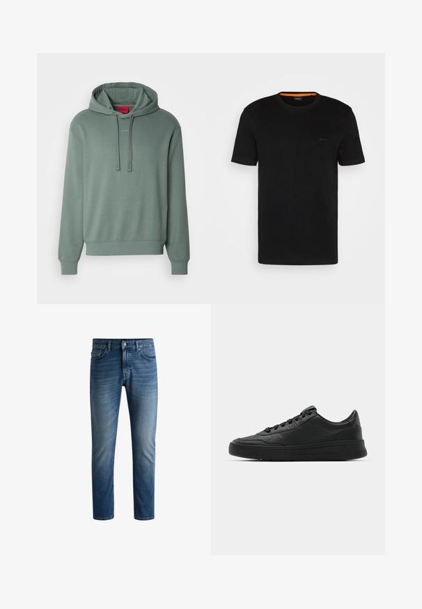 Groene hoodie van een zachte katoenmix, met een trekkoord in de capuchon, een logo aan de voorkant en geribbelde manchetten en onderrand. Eenvoudig, relaxed fit ontwerp.; Zwarte korte mouwen t-shirt gemaakt van zachte stof, met een ronde halslijn en een subtiel logo op de voorkant. Binnenkant van de kraag heeft een oranje accent.; Donkerblauwe denim jeans met een rechte snit, vijf-pocket ontwerp, lichte vervaging op de dijen en een enkele knoopsluiting bij de tailleband.; Zwarte sneaker met een glad leren bovenwerk, ronde neus, platte veters, gewatteerde kraag en minimalistisch design. Rubberen zool met een subtiel profiel.