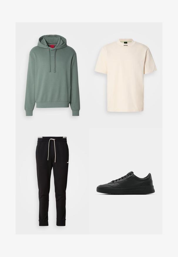 Vihreä huppari, joka on valmistettu pehmeästä puuvillasekoitteesta, sisältää naruhupun, etuosassa logon sekä ribbireunukset hihoissa ja helmasssa. Yksinkertainen, rento istuvuus.; Kermanvärinen lyhythihainen T-paita korkean kauluksen kanssa, jossa on musta "BOSS" -teksti painettuna etukaulukseen ja sisäetikettiin.; Musta slim-fit juoksuhousut valkoisella nauhalla, ribbireunat ja hillitty logo ylemmässä reidessä tasaisella taustalla.; Mustat lenkkitossut, joissa on sileä nahkapäällinen, pyöreä kärki, tasaiset nauhat, pehmustettu nilkka ja minimalistinen muotoilu. Kumia pohja, jossa on hillitty urakuvio.