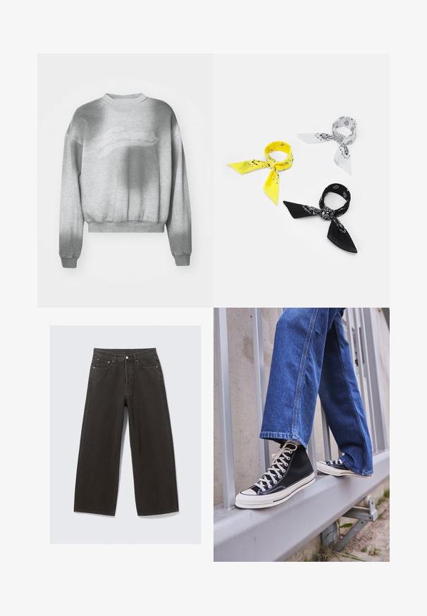 Hellgrau geschnittenes Sweatshirt mit einer strukturierten Oberfläche, rundem Halsausschnitt und gerippten Bündchen. Mit einem dezenten tonalen Logo auf der Vorderseite.; Schwarze weit geschnittene Jeans aus Denim. Verfügt über einen Standardbund, fünf Taschen und Metallzubehör. Gepunktete Details entlang der Nähte.; Schwarze High-Top-Sneaker mit weißer Sohle und Schnürsenkeln, kombiniert mit lockeren blauen Jeans, die auf einem grauen Geländer ruhen.; Drei Bandanas: eine gelbe mit schwarzen Mustern, eine weiße mit schwarzen Designs und eine schwarze mit weißen Grafiken. Alle sind quadratisch und aus leichtem Stoff.; Set aus fünf metallischen Ringen in verschiedenen Breiten, mit glatten, polierten und gebürsteten Oberflächen; die Farben reichen von glänzendem Silber bis zu Matt.