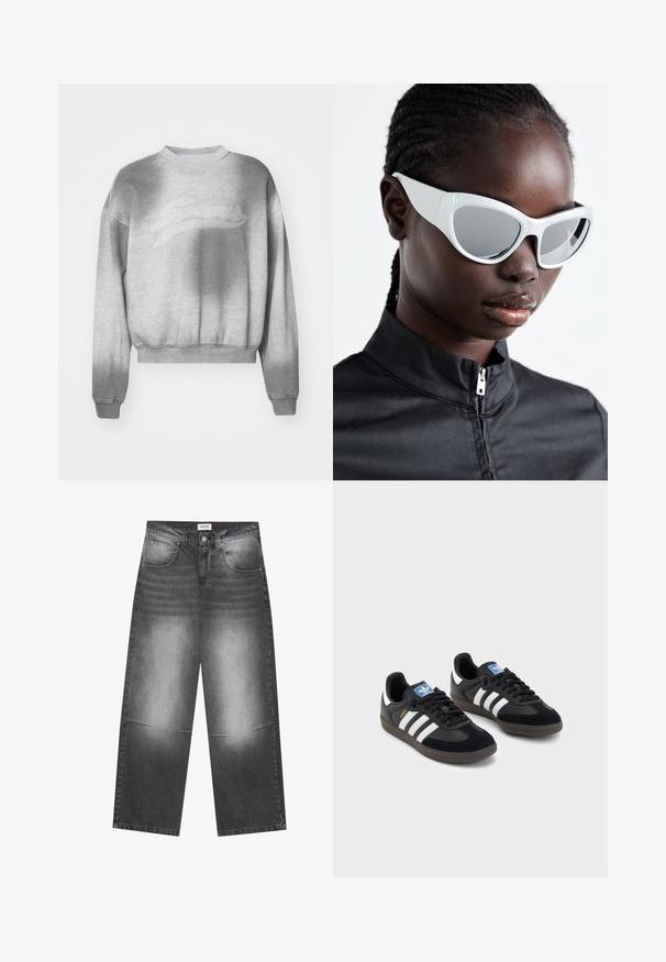 Light gray cropped sweatshirt with a textured finish, rounded neckline, and ribbed cuffs. Features a subtle tonal logo across the front.; Wide-leg black denim jeans with a faded gray finish, featuring front pockets, a button closure, and slight distressing on the knees.; Black sneakers with a suede and synthetic upper, featuring three white stripes, textured rubber sole, and blue logo tag on the tongue.; White sunglasses with a bold, oversized design and mirrored lenses, featuring smooth plastic frames and accentuated curves.