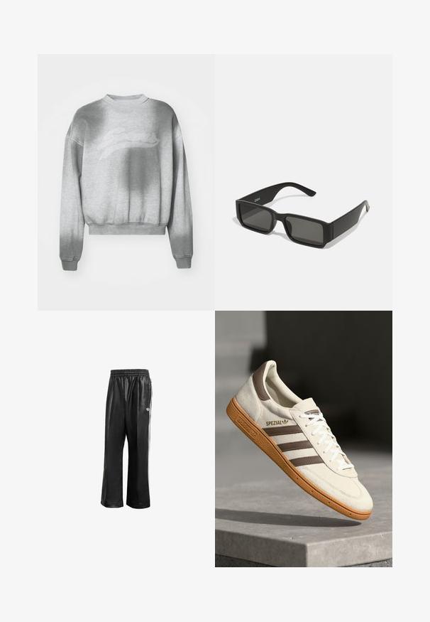 Lys grå cropped sweatshirt med en tekstureret overflade, rund halsudskæring og ribbede manchetter. Har et diskret tonalt logo på forsiden.; Sorte syntetiske træningsbukser med elastisk talje, prydet med hvide side-striber og et lille hvidt logo på venstre hofte.; Hvide ruskind sneakers med brune læderdetaljer, tre brune striber og hvide snørebånd. Har en struktureret gummisål og et gyldent "SPEZIAL" logo.; Sorte solbriller med rektangulære linser, mat plastikramme og lige kanter. Har brandlogo på den indvendige arm.