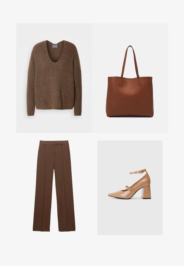 Hnědý pletený svetr s hlubokým véčkovým výstřihem. Má dlouhé rukávy a volný střih. Měkká textura a subtilní branding detail na spodním lemu.; Hnědé, široké nohavice vyrobené z hladké tkaniny; mají podšité přední sklady a plochý pas s poutky na opasek.; Béžové lakované kožené lodičky na vysokém podpatku s špičatou špičkou, s páskem kolem kotníku a silným čtvercovým podpatkem. Hladký povrch s lesklým finišem.; Hnědá kožená taška přes rameno s hladkou texturou, otevřeným designem a dvěma ramenními popruhy. Obsahuje minimální švy a žádné viditelné kovové prvky.