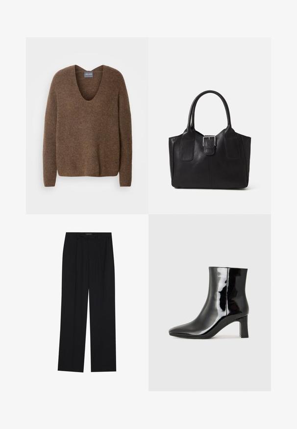 Brown, knitted sweater with a deep V-neck. Features long sleeves and a relaxed fit. Soft texture and subtle branding detail at the hem.; Black trousers with a straight-leg design, featuring two front pockets and a waistband. Made from a smooth, lightweight fabric.; Black patent leather ankle boot with a pointed toe and a mid-height block heel. Smooth texture and minimalist design.; Black leather tote bag with smooth texture, structured shape, two handles, and a prominent silver buckle detail on the front.