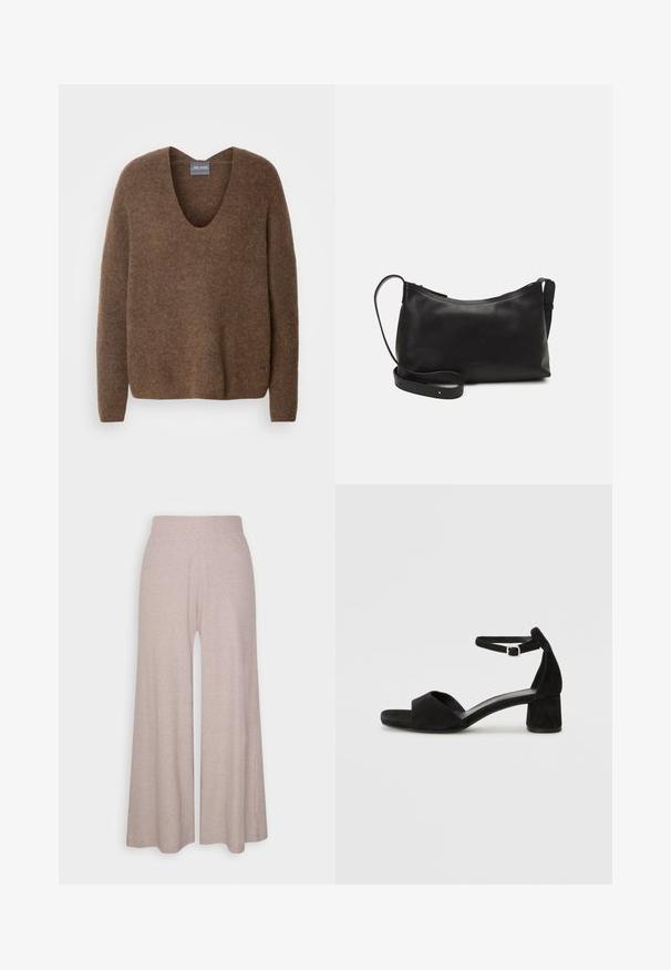 Smeđi pleteni pulover s dubokim V-izrezom. Ima duge rukave i opuštenu siluetu. Mekana tekstura i suptilan detalj s logotipom na rubu.; Svijetlosive široke hlače od mekog rebrastog materijala, sa visokim pojasom i punim nogavicama s suptilnom teksturom.; Crne zamšaste sandale s potpeticom s tankim remenom za gležanj, otvorenim nožnim prstima i umjerenom blok petom. Glatka tekstura i minimalni detalji.; Crna kožna torba na rame s glatkom teksturom, zakrivljenim oblikom, podesivim remenom i zatvaranjem na patentni zatvarač. Minimalistički dizajn bez ukrasa.