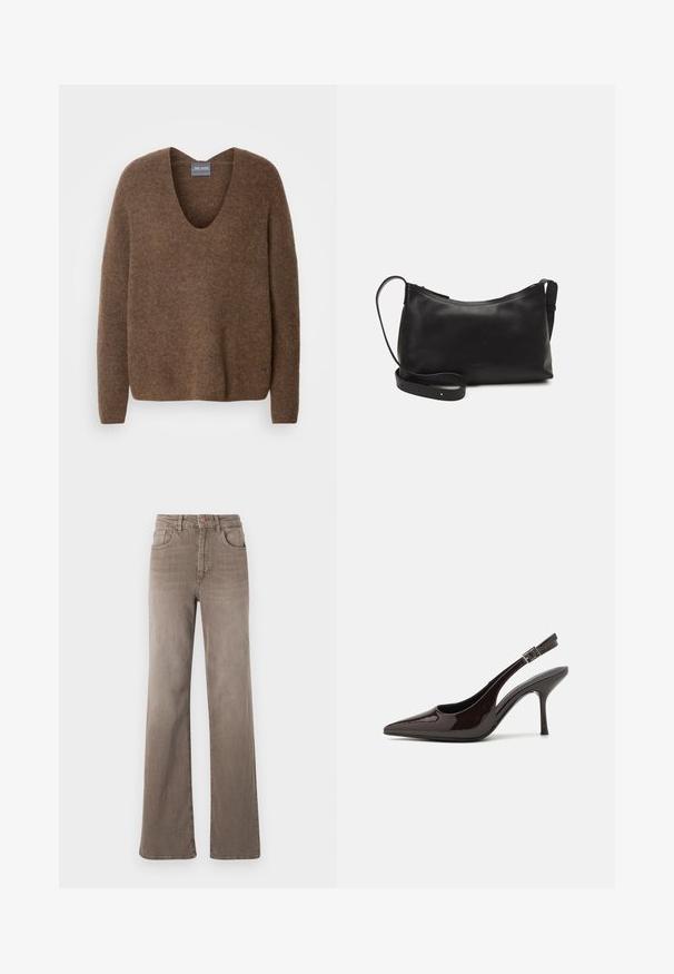 Hnědý pletený svetr s hlubokým véčkovým výstřihem. Má dlouhé rukávy a volný střih. Měkká textura a subtilní branding detail na spodním lemu.; Hnědé džínsy s vysokým pasem, rovné nohy, předním knoflíkem, poutky na opasek a klasickým designem pěti kapes na bílém pozadí.; Slingback lodičky na vysokém podpatku z lesklé tmavě hnědé lakované kůže, s špičatou špičkou, otevřenými stranami a nastavitelným páskem kolem kotníku.; Černá kožená taška přes rameno s hladkým povrchem, zakřiveným tvarem, nastavitelným popruhem a zipovým uzávěrem. Minimalistický design bez zdobení.