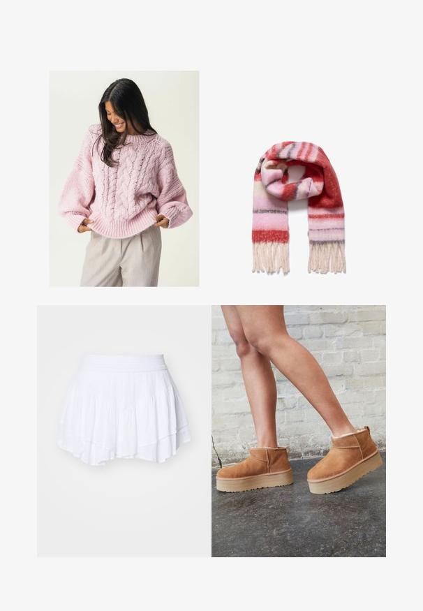 Hele roosa kudum, millel on kaablitugi muster, laiad varrukad ja soonikkoes äär. Kangas näeb välja pehme ja paks, mis suurendab soojust.; Hollister Co. TIERED FEMME - Voltidega seelik - bright white; Pruunist seemsest valmistatud pahkluu saapad, millel on pehme vooder, paks beež platvormi konts ja tagumine tõmblukk. Tekstureeritud pind nähtavate õmbluse detailidega.; Triibuline sall pehmest, tekstuurse villa materjalist; värvitoonid punane, roosa ja valge, otsas heledad tuttidega.