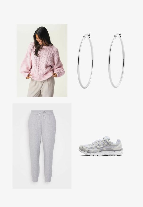 Šviesiai rožinė megzta džemperis su kabelių raštu, plačiomis rankovėmis ir banguota apatine dalimi. Audinys atrodo minkštas ir storas, sustiprinantis šilumą.; Šviesiai pilkos sportinės kelnės su raišteliais liemeniui, siaurėjančiomis kojomis ir maža balta logotipu kairiajame šlaunyje. Pagamintos iš minkštos, tekstūrizuotos medžiagos.; Šviesiai pilki sportiniai batai su tinkline ir sintetine viršutine dalimi, turintys raištelių užsegimą, paminkštintą apykaklę ir tekstūruotą padą geresnei sukibimo kokybei.; Sidabriniai auskarai žiedai su lygiu, poliruotu paviršiumi ir plonu, apvaliu formatu. Dizainas turi saugų užsegimą.