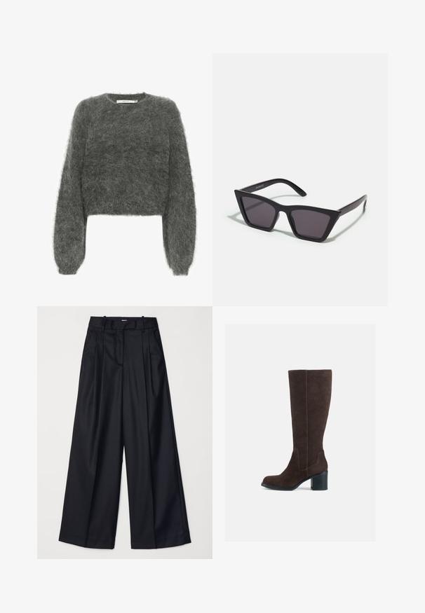 Pelēks, apgriezts džemperis, izgatavots no mīkstas, pūkainas materiāla, ar garām piedurknēm un apaļu kakla izgriezumu. Minimālisma dizains bez rakstiem.; Trikotāžas īsām piedurknēm svīteris off-white krāsā, ar apaļu kakla izgriezumu un gludu, mīkstu tekstūru. Vienkāršs un klasiskas dizains.; Melnas platas kājas bikses no gludas auduma, ar augstu jostasvietu, krokām un pielāgotu dizainu. Vienkārša melna aparatūra jostasvietā.; Brūni zamša ceļgalu augstie zābaki ar bloku papēdi un gludu apdari. Apaļa purngala forma un izteikta šuvju detaļošana uz kājas daļas.; Melni, stūrveida saulesbrilles ar pelēkiem objektīviem; izgatavotas no plastmasas, ar biezām kājām, kam ir gluda virsma un nav redzamu stiprinājumu.