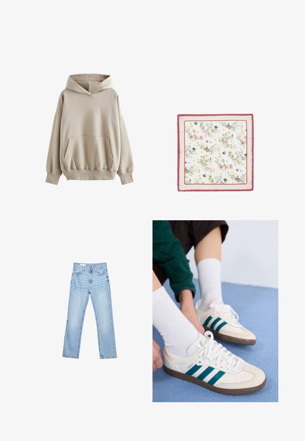 Beżowa bluza z kapturem wykonana z miękkiego materiału, z przednią kieszenią, ściągaczami przy mankietach i u dołu. Długie rękawy o luźnym kroju.; Biała koszula z długim rękawem wykonana z bawełny. Ma przód na guziki, kołnierz z wywiniętymi końcami oraz kieszonkę na piersi po lewej stronie.; Jasnoniebieskie dżinsy o prostym kroju, z pięcioma kieszeniami i widocznym przeszyciem. Średni stan z klasycznym zapięciem na guzik i zamek.; Białe buty sportowe z turkusowymi paskami, teksturowana cholewka i brązowe gumowe podeszwy. W połączeniu z białymi skarpetkami z prążkami.; Kwadratowy jedwabny szal z kwiatowym i ptasim wzorem w pastelowych kolorach, ozdobiony falistym różowym brzegiem. Miękka tekstura i lekkość.