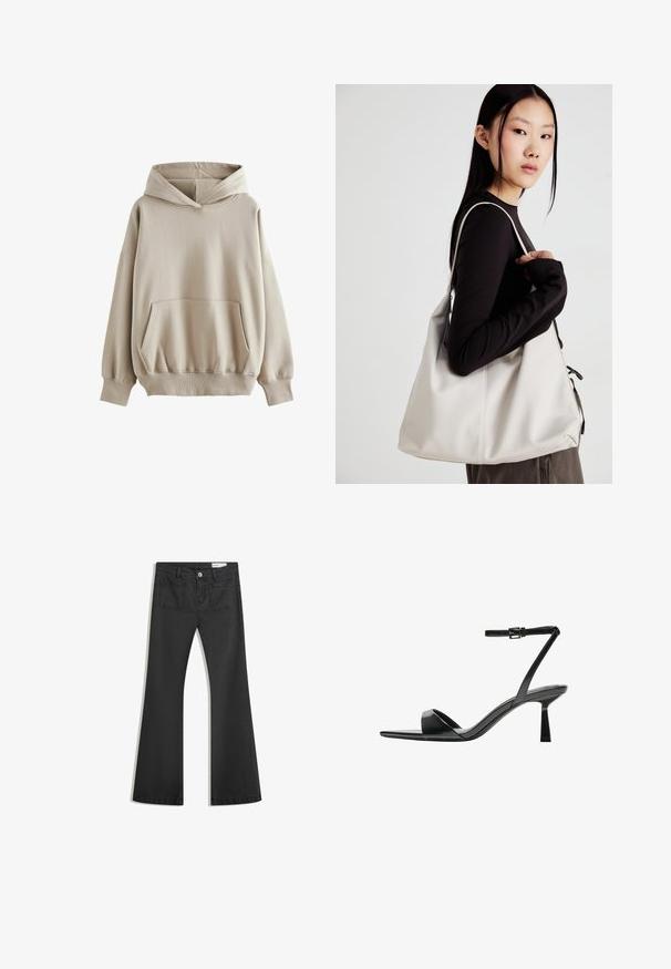 Beige kapucnis pulóver, puha anyagból készült, elülső zsebbel, bordázott mandzsettákkal és szegéllyel. Hosszú ujjú, laza fit. ; Fekete, sima textúrájú farmer flare nadrág, két hátsó zsebbel és gombos derékkal.; Bershka Magas sarkú szandálok - black; Puha anyagból készült bézs kézitáska, laza dizájnnal, varrott részletekkel és két vállpánttal. Mindennapi használatra alkalmas.