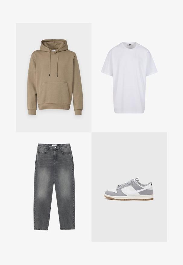 Sweatshirt à capuche en brun clair, fabriqué en tissu doux. Comprend une poche frontale et des poignets côtelés. Design simple avec des cordons de serrage.; T-shirt en coton blanc avec des manches courtes, un col rond, une coupe décontractée et sans logos ni motifs visibles. Texture lisse et design minimaliste.; Jean taille haute, décontracté en denim noir délavé. Comprend cinq poches, des passants de ceinture et un design de jambe droite épurée.; Baskets grises et blanches avec un dessus en suède et cuir, bout rond, lacets plats et semelle en caoutchouc avec une touche de gomme.