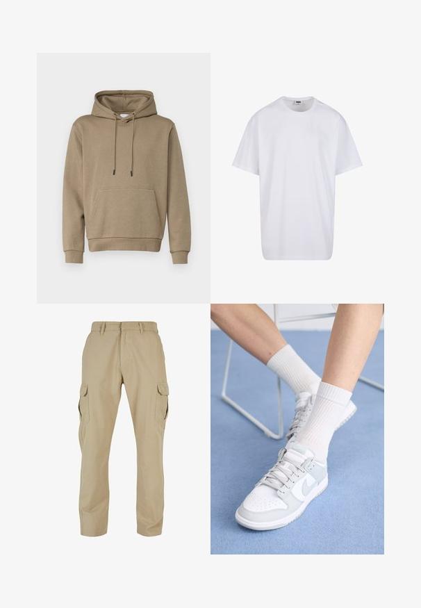 Sudadera con capucha en marrón claro, hecha de una tela suave. Presenta un bolsillo frontal tipo canguro y puños de canalé. Diseño simple con cordones.; Camiseta blanca de algodón con mangas cortas, cuello redondo, corte relajado y sin logotipos ni patrones visibles. Textura suave y diseño minimalista.; Pantalones cargo beige de algodón twill, con múltiples bolsillos laterales, diseño de pierna recta y cierre con cremallera y pasadores para cinturón.; Zapatillas blancas con acentos azul claro, parte superior de cuero, puntera perforada, cordones gruesos y calcetines blancos de canalé sobre un fondo azul.