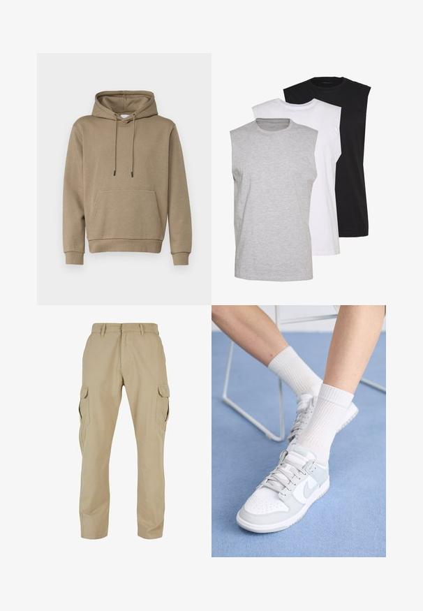 Hoodie in lichtbruin, gemaakt van zacht stof. Voorzien van een kangoeroezak en geribbelde manchetten. Eenvoudig ontwerp met trekkoorden.; Drie mouwloze T-shirts in grijs, wit en zwart. Zacht katoenmateriaal met een ronde hals en een relaxte pasvorm. Eenvoudig ontwerp, geen patronen.; Beige cargopants van katoen-twill, met meerdere zijzakken, een recht model en een ritssluiting met beltloops.; Witte sneakers met lichtblauwe accenten, leren bovenkant, geperforeerde neus, dikke veters en ribbelsokken in het wit tegen een blauwe achtergrond.