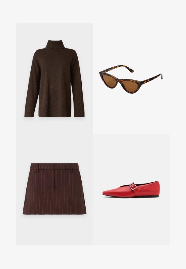 Bruine gebreide trui met een hoge geribbelde kraag, brede mouwen en een zachte textuur. Heeft een relaxte pasvorm en geribbelde accenten op de mouwen.; Bruine gestreepte rok met een op maat gemaakte pasvorm, voorzien van een platte tailleband, zijzakken en een rechte zoom. Geproduceerd van een katoenmix.; Rode leren platte schoen met een spitse neus, voorzien van een zijkant band met een metalen gesp en een lage zwarte hak. Gladde textuur overal.; Cat-eye zonnebril met een zwart en oranje schildpadframe, bruine lenzen en slanke, puntige uiteinden. Bevat een minimalistisch logo op de poot.; Zilveren hoepel oorbellen met een minimalistisch ontwerp. Cirkelvormig, gladde textuur en dun profiel. Lichtgewicht met een gepolijste afwerking.