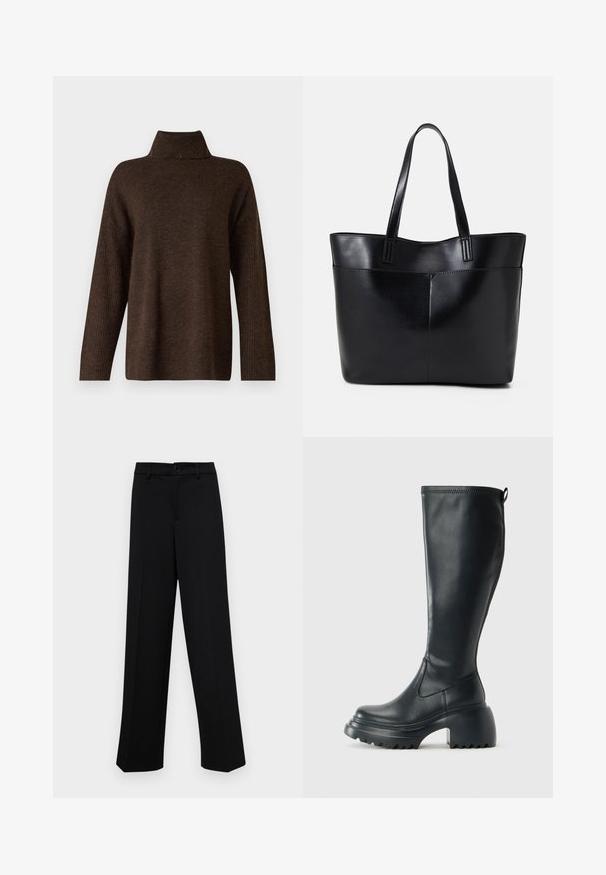Pull en tricot marron avec un col haut côtelé, des manches larges et une texture douce. Présente une coupe décontractée et des accents côtelés sur les manches.; Pantalons larges noirs en tissu lisse, avec une taille classique à fermeture à bouton et des plis sur le devant.; Botte en cuir noir haute avec semelle plateforme épaisse et talon carré, dotée d'une languette et d'un motif texturé sur la semelle extérieure.; Sac fourre-tout en cuir noir avec deux longues poignées, une texture lisse et une forme structurée. Dispose d'une poche avant pour un rangement supplémentaire.