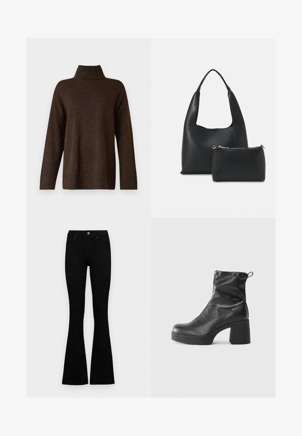 Hnedý pletený sveter s vysokým rebrovaným golierom, širokými rukávmi a jemnou textúrou. Má voľný strih a rebrované detaily na rukávoch.; Čierne vysoké nohavice s gombíkom a zipsom, predné vrecká a rozšírené nohavice položené na bielom pozadí.; Čierne členkové topánky z hladkej kože, so bočným zipsom, robustnou textúrovanou pätnou časťou a zaobleným dizajnom špičky.; Even&Odd Kabelka - black