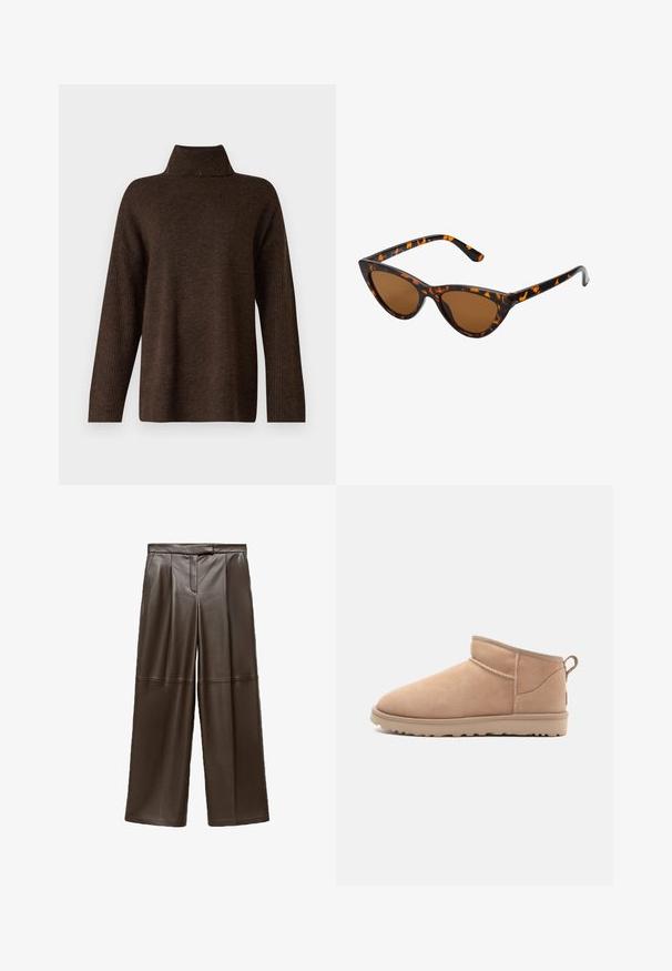 Brown knitted sweater with a high ribbed collar, wide sleeves, and a soft texture. Features a relaxed fit and ribbed accents on the sleeves.; Brown leather wide-leg pants with a smooth texture, featuring pleats at the front and a classic waistband design.; Tan suede ankle boot with a rounded toe, soft texture, simple design, and a low-profile rubber sole. Features a pull tab at the back.; Cat-eye sunglasses with a black and orange tortoiseshell frame, brown lenses, and sleek, pointed tips. Features a minimal logo on the temple.