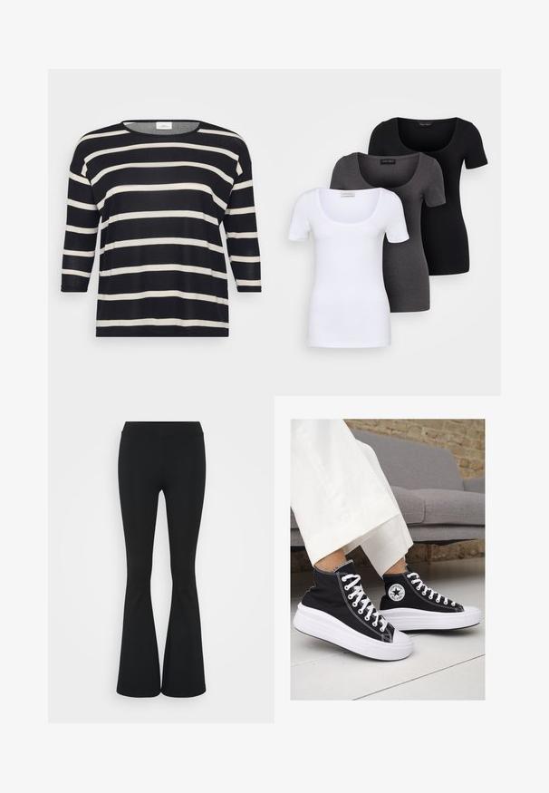 Black and white striped long-sleeve top with a round neck and loose fit; soft fabric, horizontal stripes, and 3/4 sleeves.; Three fitted T-shirts in white, gray, and black. Each features a wide scoop neckline and short sleeves. Made from smooth, stretchy fabric.; Black flared pants made of stretchy fabric, featuring a high waistband and a smooth texture. The pants flare out from the knee.; Black canvas high-top sneakers with white rubber soles and laces. Features a circular logo on the side and contrasting white stitching.