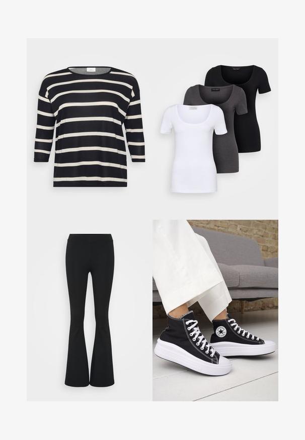 Schwarz-weißer, gestreifter Langarm-Oberteil mit Rundhalsausschnitt und lockerer Passform; weicher Stoff, horizontale Streifen und 3/4-Ärmel.; Drei figurbetonte T-Shirts in Weiß, Grau und Schwarz. Jedes hat einen weiten Rundhalsausschnitt und kurze Ärmel. Hergestellt aus glattem, elastischem Stoff.; Schwarze, ausgestellte Hosen aus dehnbarem Material mit hohem Bund und glatter Textur. Die Hose weitet sich ab dem Knie.; Schwarze High-Top-Sneaker mit weißen Gummisohlen und Schnürsenkeln. Verfügt über ein rundes Logo-Patch und kontrastierende weiße Nähte. Aus Canvas-Material.