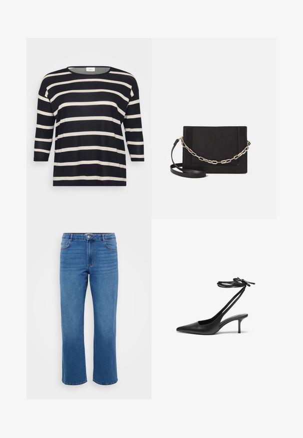 Juodai baltos juostelės ilgomis rankovėmis marškiniai su apvaliu kaklu ir laisva forma; minkšta medžiaga, horizontaliomis juostelėmis ir 3/4 ilgio rankovėmis.; Mėlyni džinsai su tiesiomis kojomis, turintys mygtuko užsegimą, klasikinį penkių kišenių dizainą ir subtilų nusidėvėjimo efektą ant šlaunų.; Juodas odinis stiletto batelis su smailiu nosiu, atvira nugara ir užrištomis kulkšnies juostelėmis. Plonas 3 colių kulnas. Lygi tekstūra, minimalistinis dizainas.; Juodas odinis per petį nešiojamas krepšys turi lygų paviršių, stačiakampio formą ir metalinę grandinėlę priekyje. Pridedama reguliuojama dirželis.